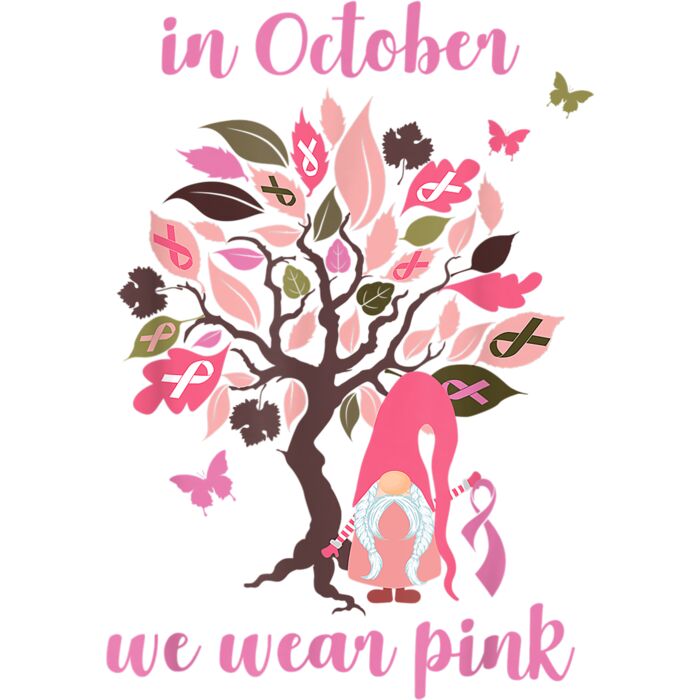 In October We Wear Pink Breast Cancer Awareness Gnome Tree T Shirt Thumbnail